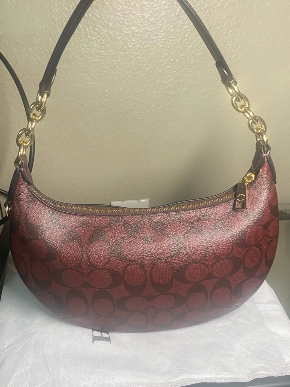 Coach Signature Crescent Shoulder Bag in Burgundy and Dark Brown - Picture 3 of 5